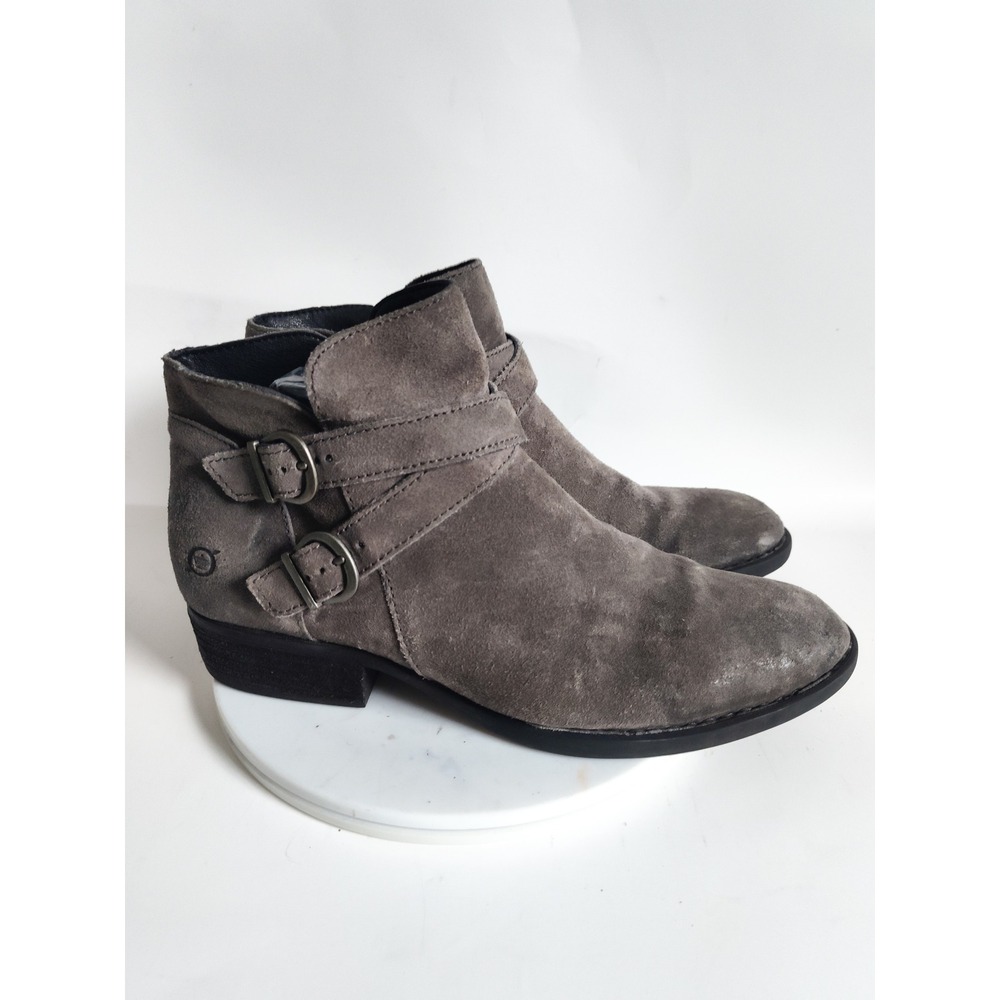 Born Ankle Boots 9 Moto Booties Gray Suede Double Buckle Biker Cross Boho Preppy